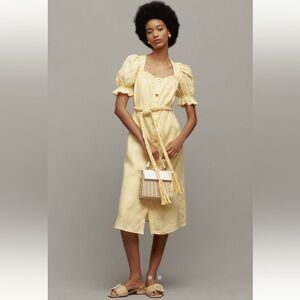 English Factory Puff-Sleeve Butter Yellow Linen Midi Dress Size Small Worn 1x